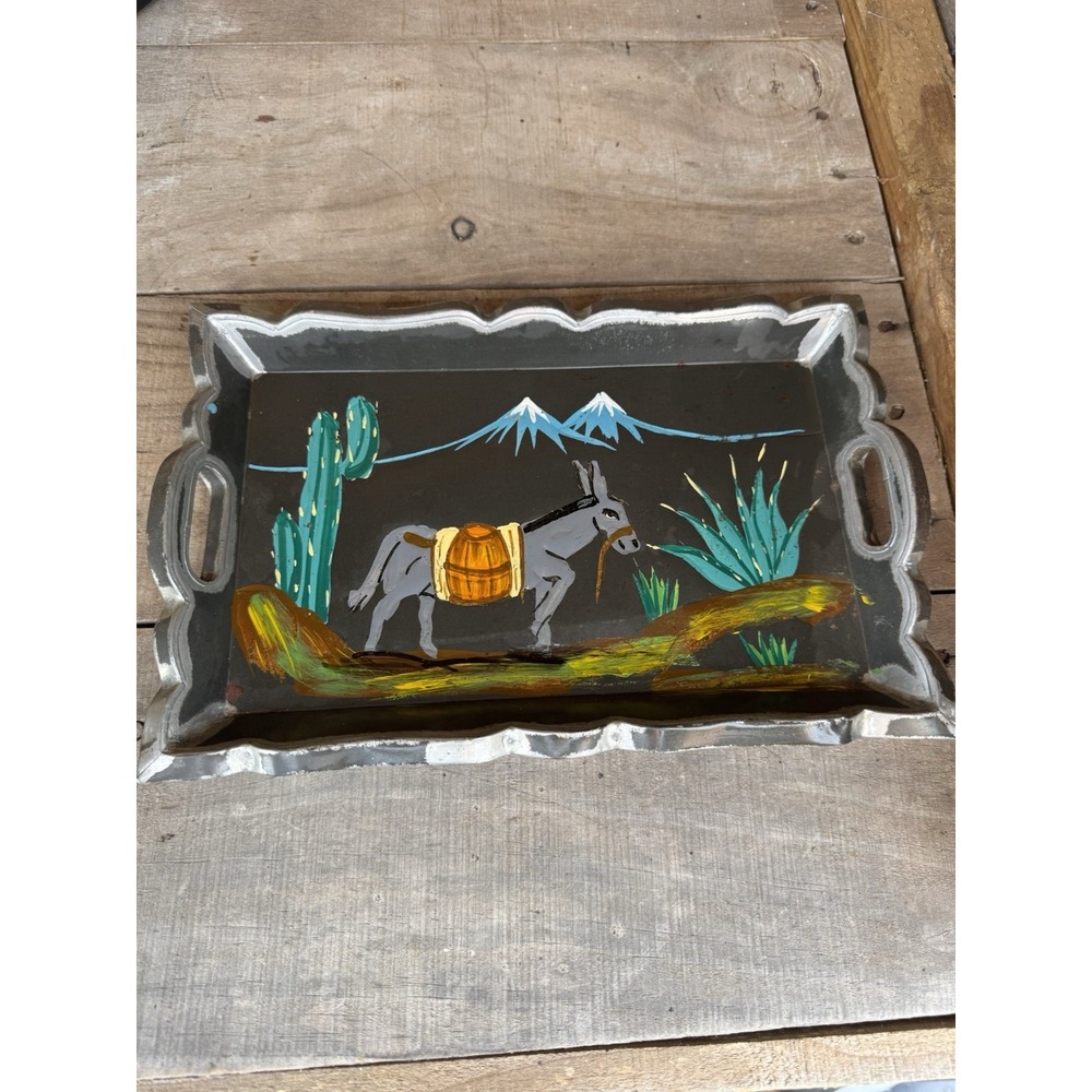Vintage Collectible Mexican Folk Art‎ Stamped Tin Covered Hand Painted Tray Wood